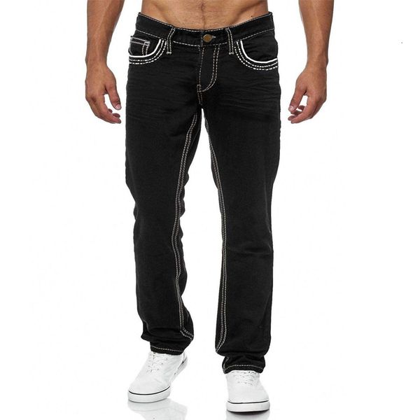 

mens jeans classic design slim fit straight casual street style solid color pockets mid stretch denim pants for spring summer 230829, Blue