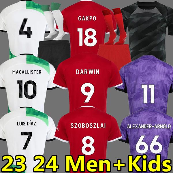 

23 24 soccer jerseys szoboszlai mac allister darwin luis diaz goalkeeper a. becker konate gakpo diogo j. elliott arnold men kids kits socks, Black;yellow