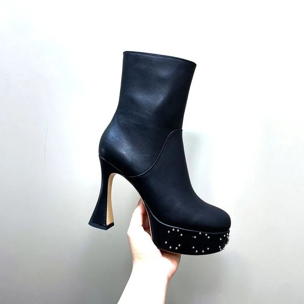 

g rivets ankle boots platform pumps toe chunky block heels women's luxury designer janaya leather sole fashion booties shoes factory fo, Black