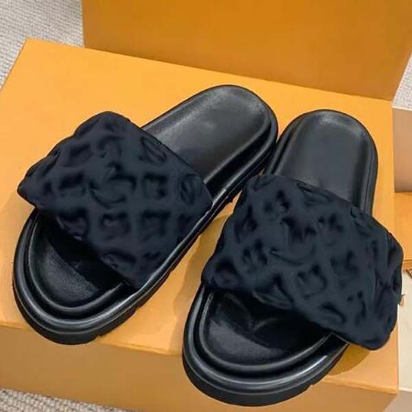 

designer pool pillow sandals couples slippers men women summer flat shoes fashion beach slippers slides with box 35-46, Black