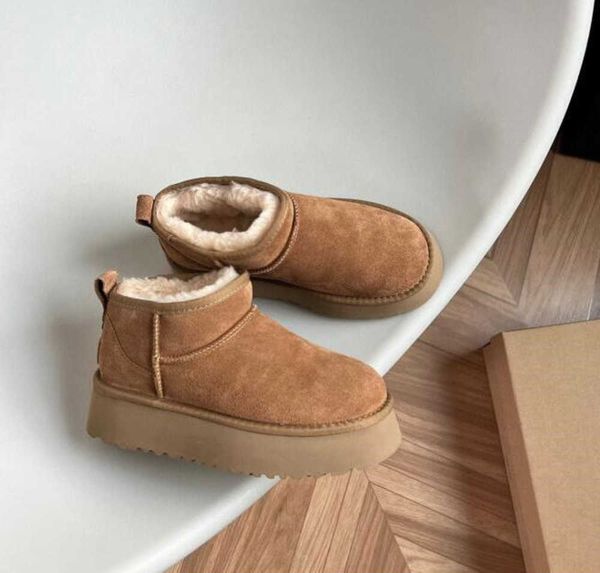 

casual style ultra mini boot designer woman platform snow boots australia fur warm shoes real leather chestnut ankle fluffy booties for wome, Black