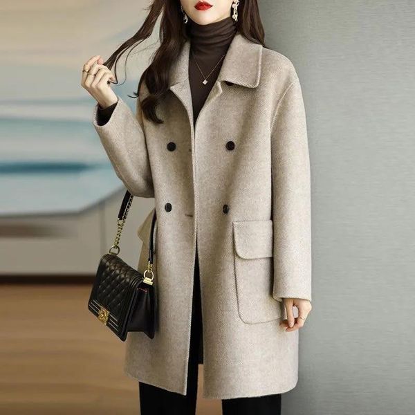

womens wool blends autumn and winter thickened midlong style imitation woolen coat agereducing temperament korean version of women loose 230, Black