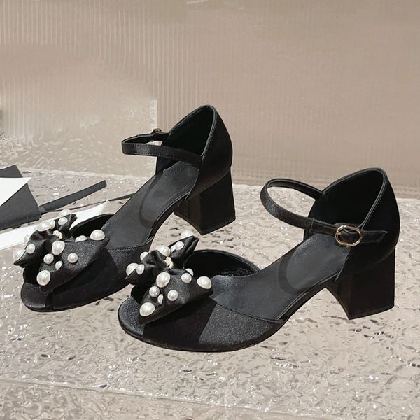 

womens chunky heels dress shoe silk with faux pearls sandals adjustable ankle buckle retro round toes with bow pumps wedding shoe ladies for, Black