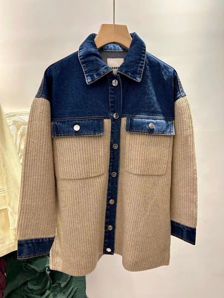 

early autumn new women's designer sand * ro denim knitted panel shirt polo collar cardigan single breasted long sleeve loose coat, Black;brown