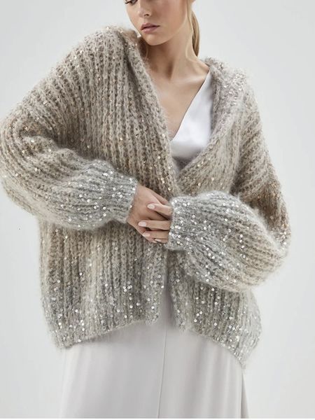 

women s knits tee sequin knit hooded cardigan mohair blends loose temperament 2023 autumn ladies long sleeve sweater coat 230829, White