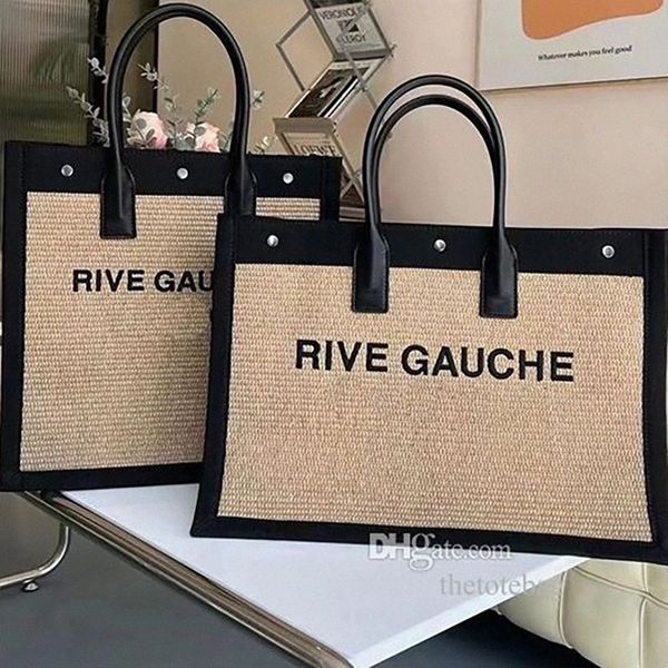 

designer rive gauche beach tote bag summer bag women canvas and weave leather large capacity handbag luxury fashion shopping handbag linen t