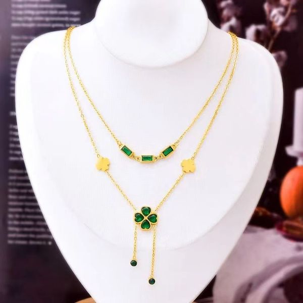 

four leaf grass double layer necklace fashion temperament green diamond four leaf grass jewelry necklace bracelet, Silver