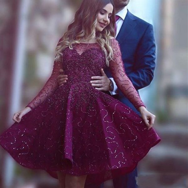 

new red satin long sleeve homecoming dresses scoop neck full lace short prom dresses ruffles cocktail party gowns, Blue;pink