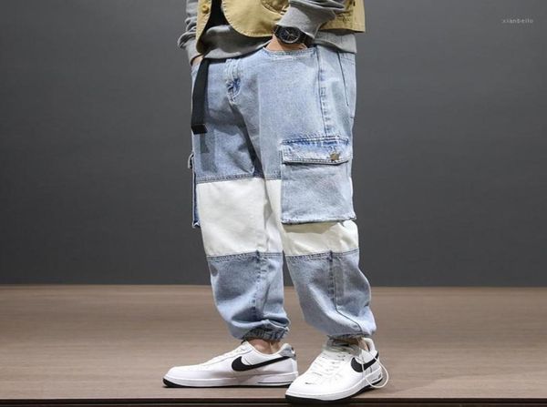 

fashion streetwear men jeans loose fit patchwork spliced designer denim cargo pants big pocket wide leg trousers hip hop joggers17973850, Blue