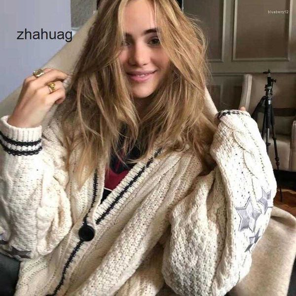 

women's knits women cardigan sweaters autumn winter solid long sleeve star embroidered lor v-neck knitted sweater coat, White