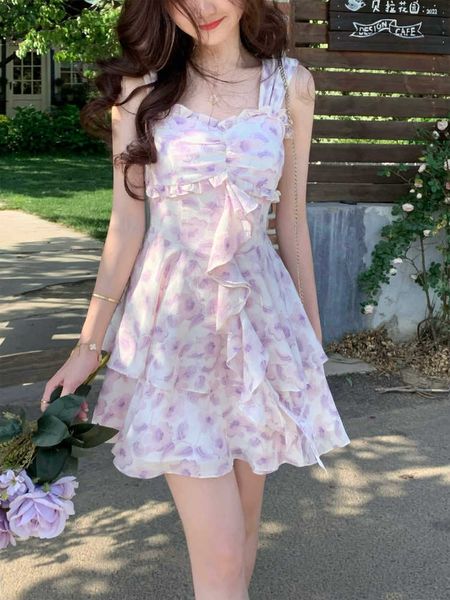 

purple korean style party mini dres floral print france sweet elegant fairy dress chiffon strap dresses summer 2022 230808, White;black