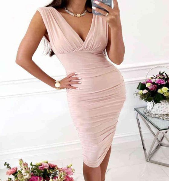 

backless deep v neck sleeveless women bodycon pencil dresses summer fashion black red pleated skinny party midi dress y2205192554430, Black;gray