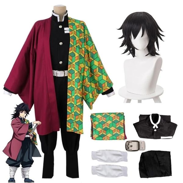 

theme costume anime demon slayer tomioka giyuu cosplay costume kimetsu no yaiba kimono uniform wig halloween costumes for women men kids 230, Black;red
