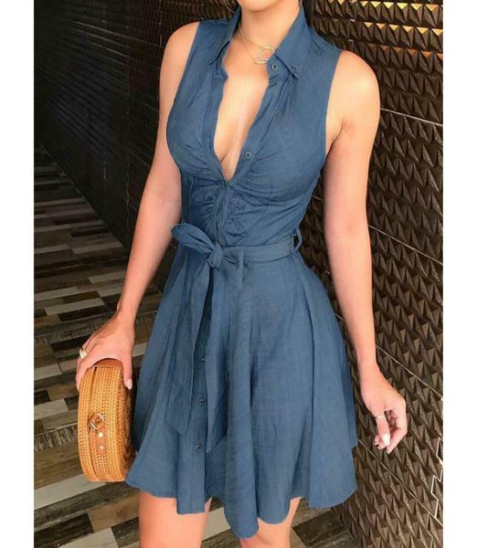 

women039s button denim mini dress ladies summer sleeveless belted jeans long shirt dress3701090, Black;gray