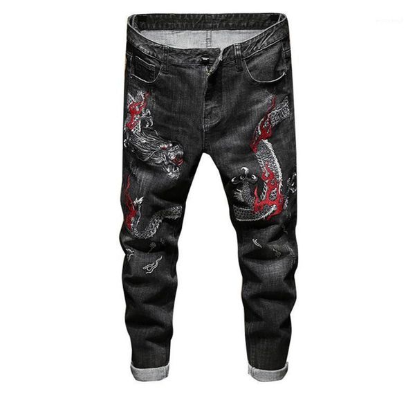 

men039s jeans men039s chinese dragon embroidery denim trendy slim straight stretch pants black blue18501000, Blue