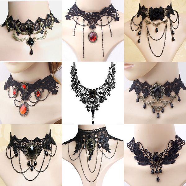 

navel bell button rings gothic victorian black lace necklace women girl boho crystal tassel choker steampunk dark loli style halloween jewel, Silver
