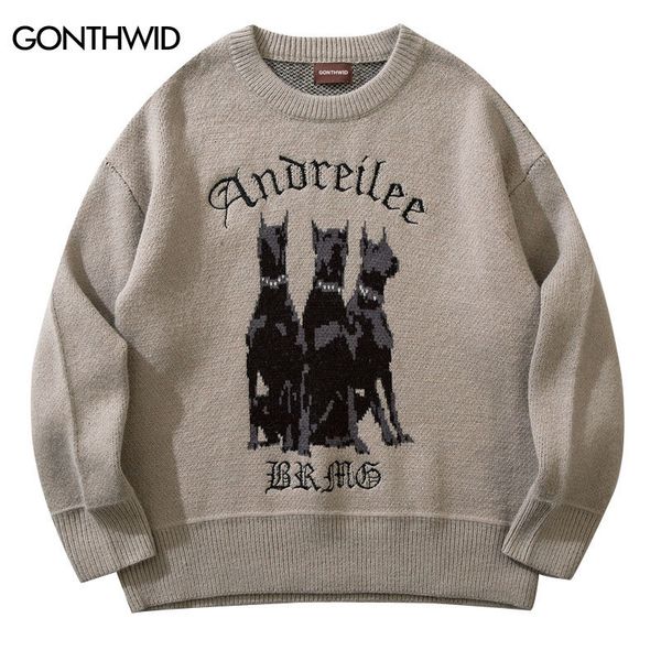 

men's sweaters men vintage sweater y2k streetwear hip hop vintage knitted doberman dog sweaters autumn harajuku fashion retro casual sw, White;black