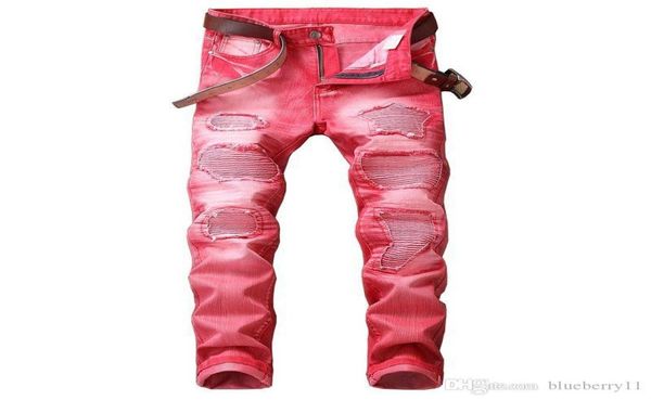 

fashion casual hole jeans for men hip hop biker jeans regular straigh jeans red plus size 29429969077, Blue