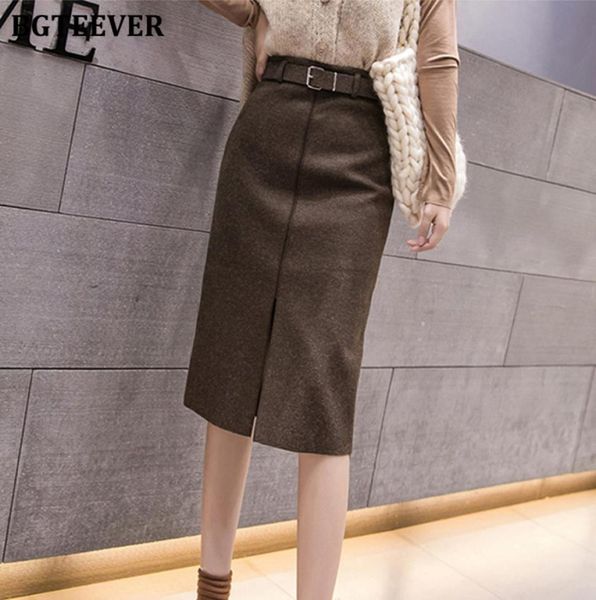 

bgteever vintage high waist bodycon wool women skirt frontsplit belted female skirts 2019 autumn winter thick midi skirt femme4680898, Black