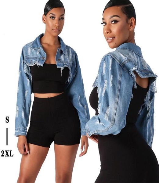 

women tassel ripped cropped denim jacket autumn hole long sleeve denim jacket streetwear short denim coat female outwear8697207, Black;brown