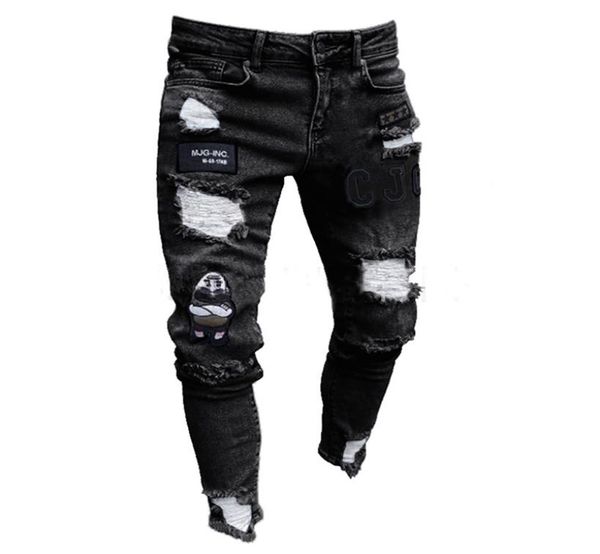 

men039s jeans men stretchy ripped skinny biker embroidery print destroyed hole taped slim fit denim scratched3206600, Blue