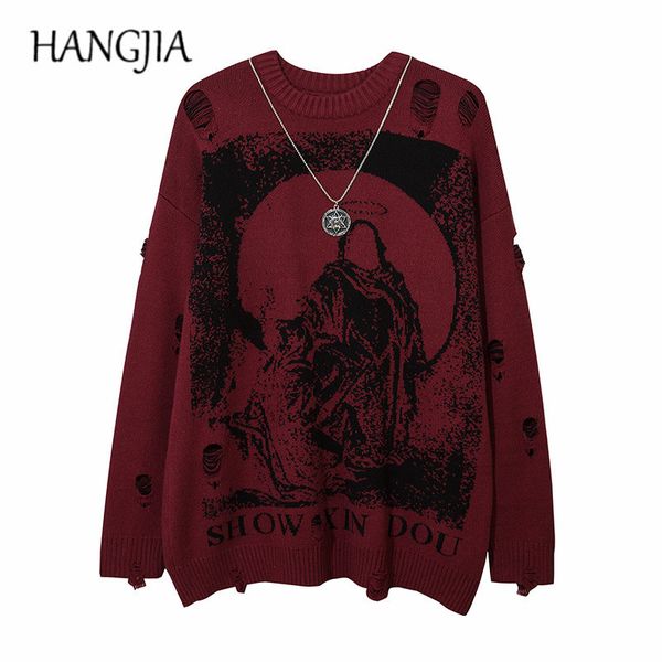

men s sweaters harajuku priest salvation printed knitwear streetwear hip hop destroyed hole ripped pullovers jumper oversized men 230830, White;black