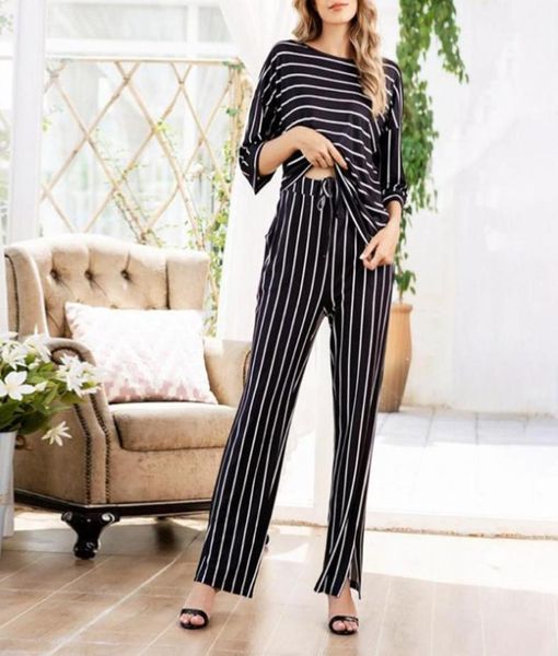 

women casual twopiece sets 2020 autumn spring ladies 34 sleeves long pants elegant oneck striped leisure suit pus size12695444, Gray