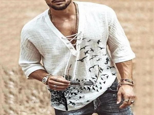 

wenyujh mens fashion hippie linen shirt casual middle sleeve v neck summer beach loose tee solid color t shirts 2206066999930, White;black