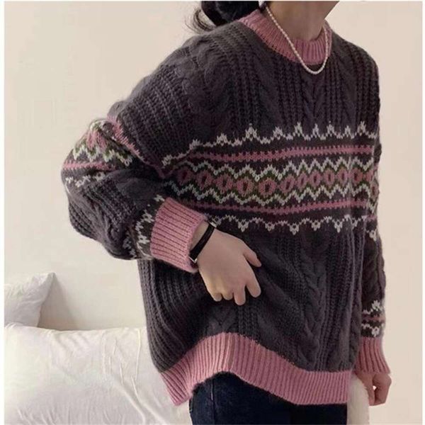 

thick sweaters for women in autumn and winter fashionable style retro hemp flowers lazy wind outerwear, White;black