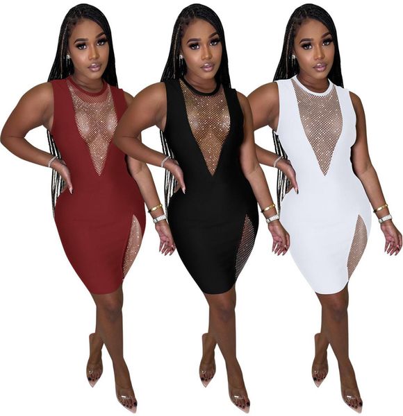

casual dresses 2022 summer women039s vneck sleeveless mesh diamond bodycon bandage dress fashion designer evening party d2261297, Black;gray