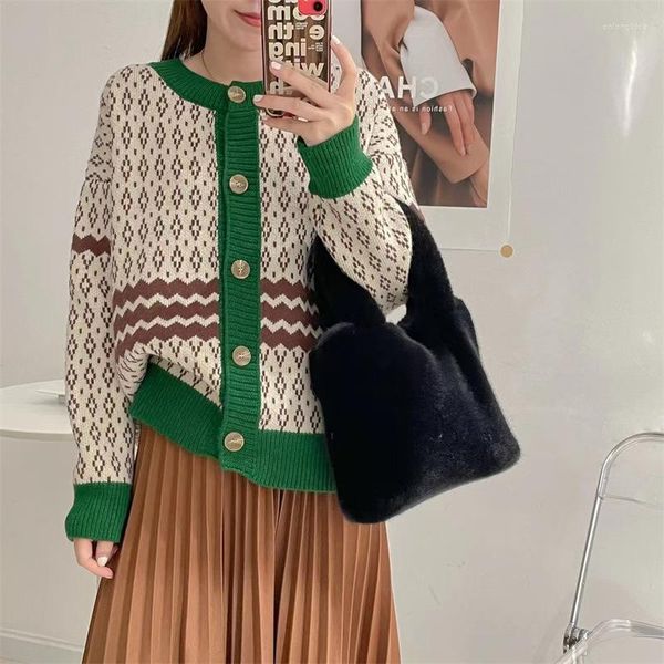 

women's sweaters 2023 fall/winter idyllic style contrast vintage geometric sweater jacket loose knitted cardigan top, White;black