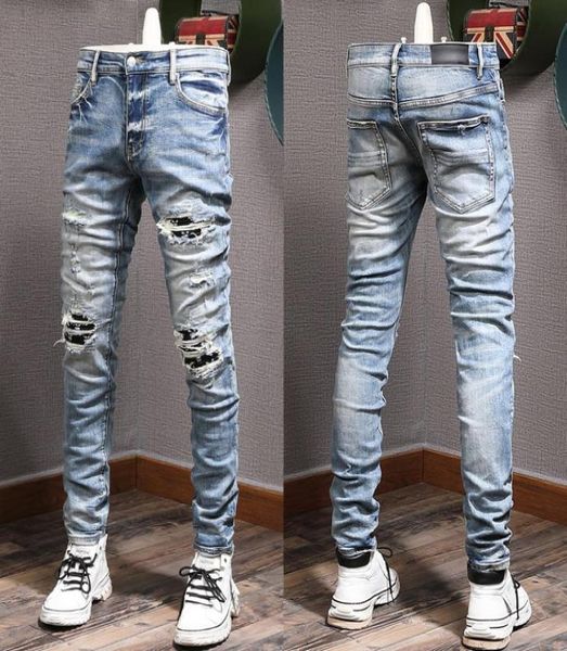 

man biker jeans with plus size 38 damage distressed fading destroyed hole denim male2417868, Blue
