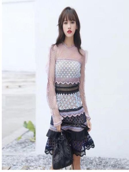 

self portrait floral hollow out flounces lace dress multicolor splicing layer cake dress women crochet long sleeve short2000043, Black;gray