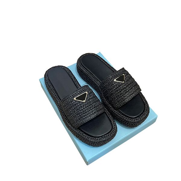 

23 summer new thick sole handwoven slippers designer classic metal triangle sign rubber big sole sandals padded feet sheepskin casual outdoo, Black