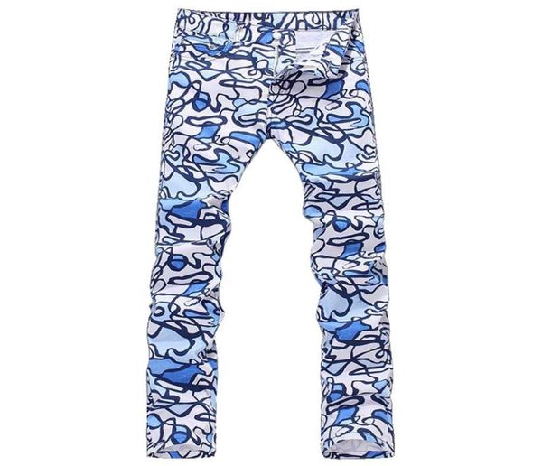 

men039s jeans slim doodle print male causal elastic thin denim straight pants long trousers6999998, Blue