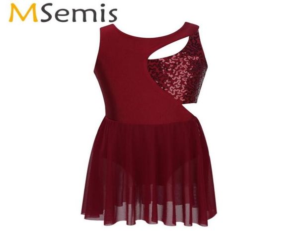 

kids girls sleeveless shiny sequins asymmetrical figure ice skating dress tutu ballet gymnastics leotard lyrical dance costumes4542881, Black;red