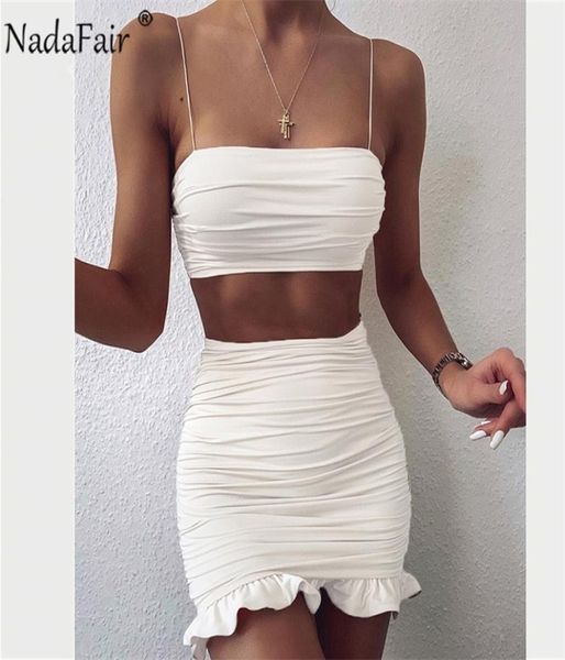 

nadafair two piece set club wear ruffles mini summer dresses white off shoulder ruched short bodycon party dress women 2020 t2222239, Black;gray