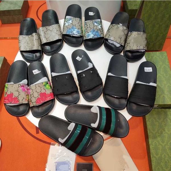 

men women fashion slippers luxury g letter slides summer flat slipper trendy leather rubber green red stripe sandal mens bee flower beach sl, Black