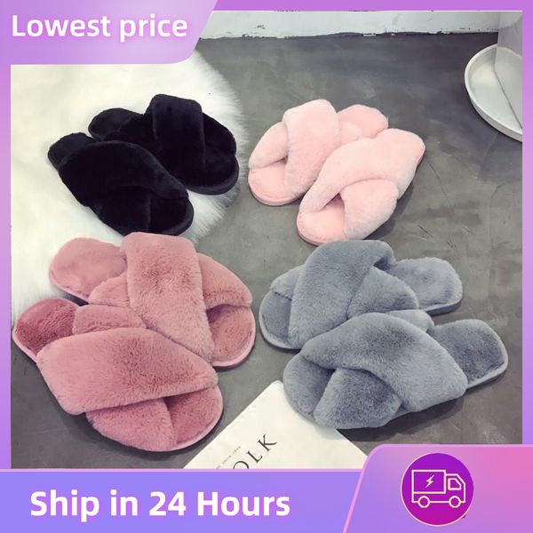 

slippers winter slippers women fashion cross fluffy fur slipper home slides platform flat indoor floor flip flops women ladies shoes 230830, Black