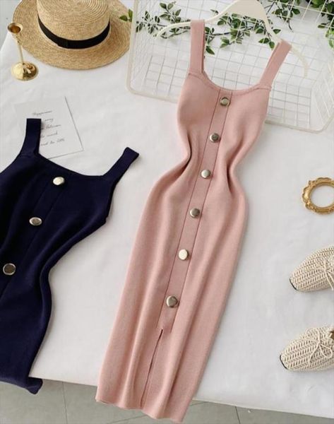 

summer pink red white black women knitted dress vintage high waist button singlebreasted slim casual for female6937112, Black;gray