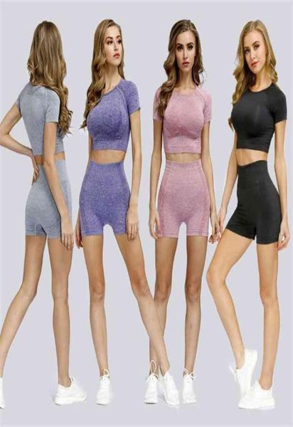 

lantech women sports suits set yoga sets gym fitness athletic shorts wear lifting shirt squat activewear 2108021710357, Gray