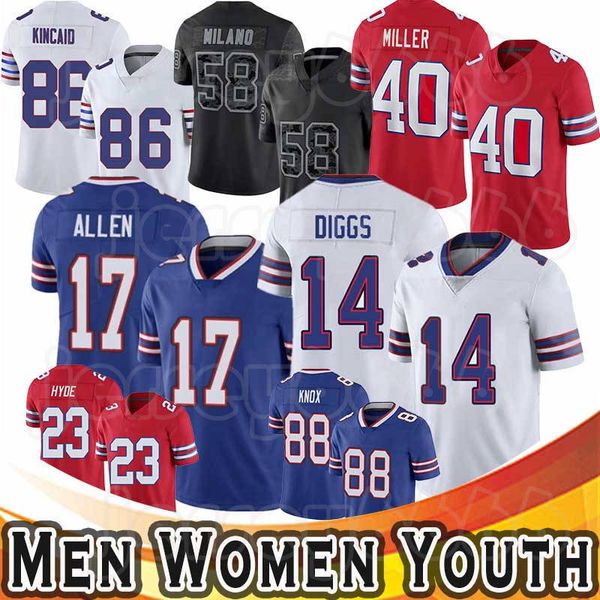 

17 josh allen football 88 knox jerseys von miller stefon diggs dalton kincaid buffalos poyer matt milano billes james cook tre'davious, Black;red