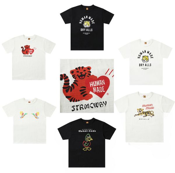 

human made 2023 new fashion t shirt love cartoon flying duck dog pig slub cotton short sleeved t-shirts for men women, White;black