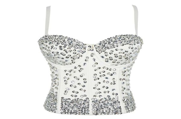 

women rhine beading white sleeveless bustier club party corset long vest rave festival y2004157642952