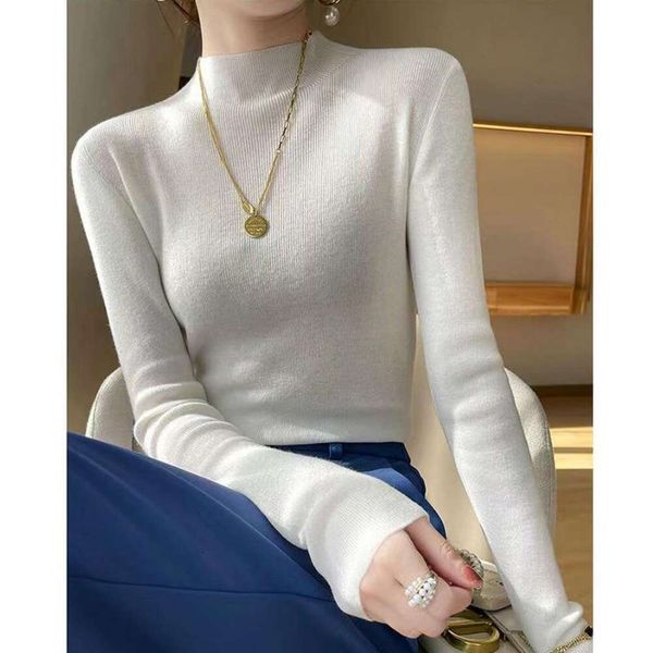 

temperament commuting half neck t shirt sweater womens autumn and winter pure color all match slimming warm inner, White;black