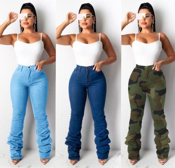 

ladies new fashion stacked jeans pants high waist camouflage denim jeans for women mom pants wide leg trousers3893309, Blue