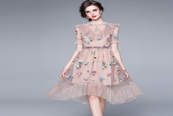 

summer runway floral embroidery mesh dress work casual ladies clothes women elegant slim ruffles party dresses vestidos w13595432247, Black