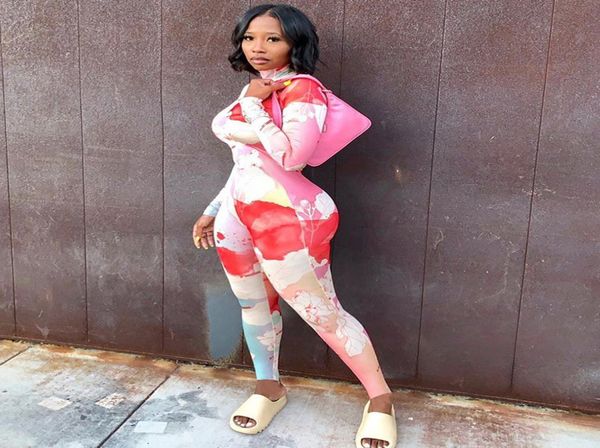 

floral tie dye print bodycon rompers womens jumpsuit long sleeve fashion fitness sporty workout active wear jumpsuits4812969, Black;white