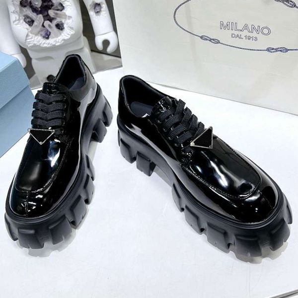 

designer luxury casual shoes ladies chocolate brushed leather shoes loafers monolith triangle logo black shoe increase platform shoes 01