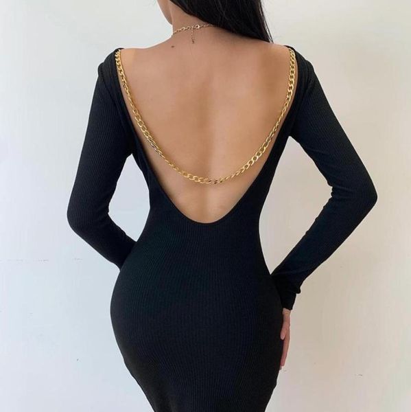 

casual dresses backless slim winter dress woman 2021 long sleeve kneelength back hollow out metal chain bodycon straps outfi5556086, Black;gray
